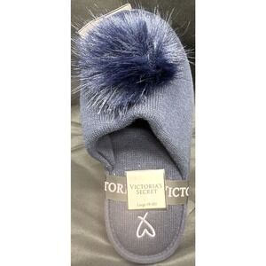 Victoria's Secret Blue Pom Pom Slip-On Slides Slippers NWT Navy Blue